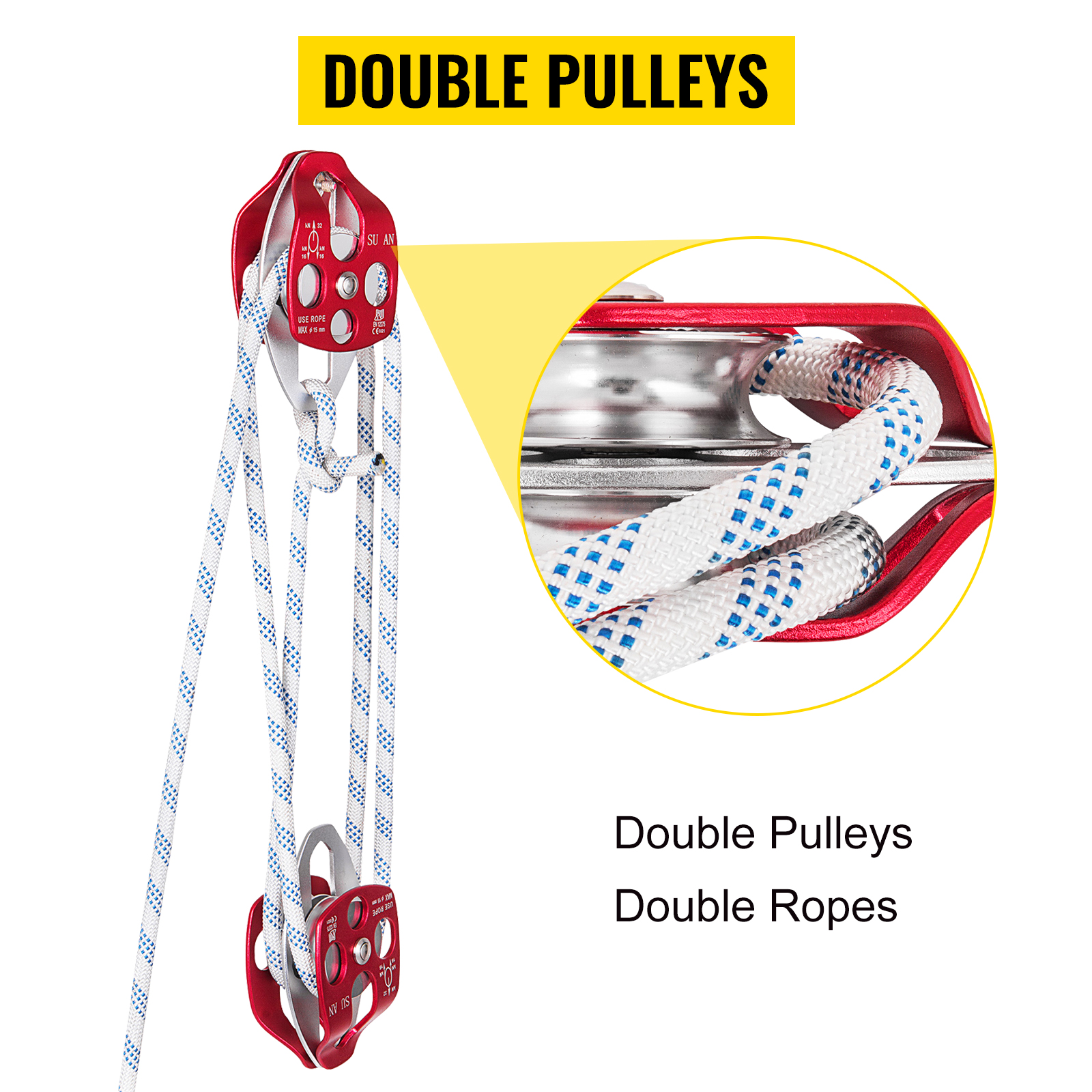 VEVOR Poulie double et palan 2/5-1/2 pouces 100-200 pieds Poulie double  avec corde tressée 6600-7705LBS Gréement à double poulie