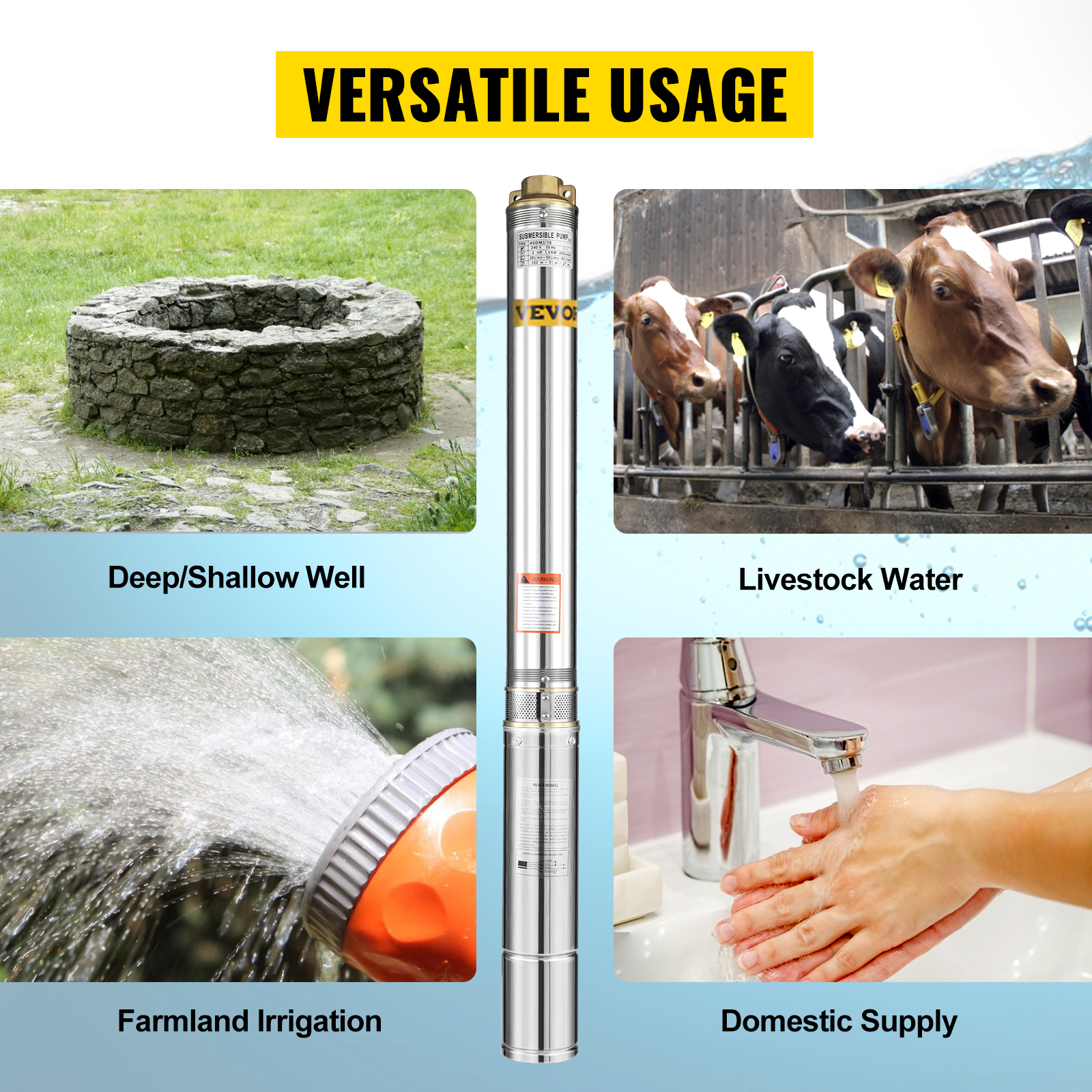 Pompe De Puits Profond Submersible IBO 4 Pouces 750W - Acier Inox, Hauteur Manométrique 60m, Pour Eau Claire