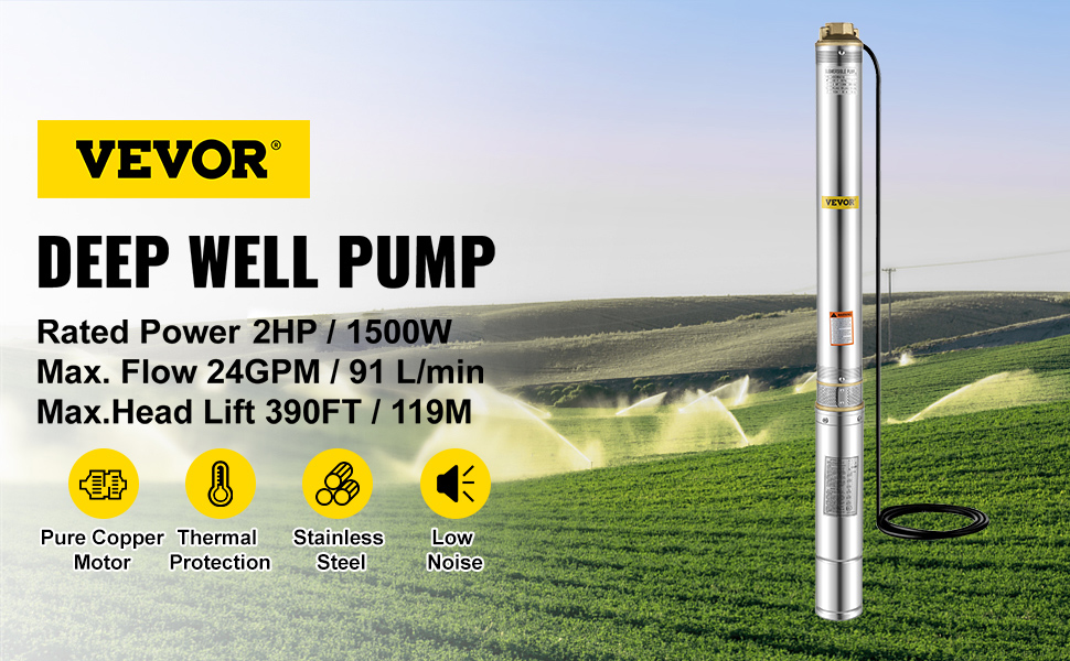 VEVOR Deep Well Submersible Pump, 1.5 hp 220V 50 Hz, Stainless Steel w/5 FT Cable Wire, 1.25" Water Outlet, 24 GPM & 390 Ft Head for Farmland Irrigation and Factories