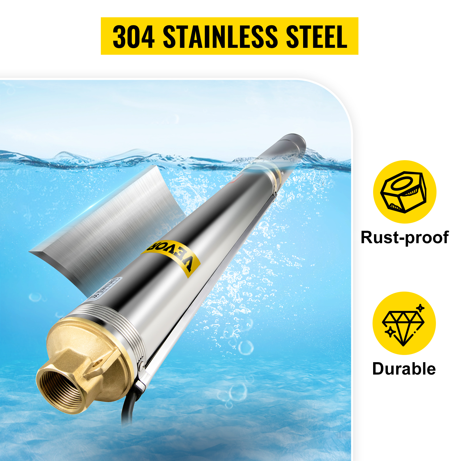 VEVOR Deep Well Submersible Pump, 1.5 hp 220V 50 Hz, Stainless Steel w/5 FT Cable Wire, 1.25" Water Outlet, 24 GPM & 390 Ft Head for Farmland Irrigation and Factories