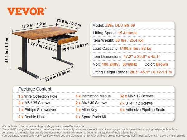 VEVOR Bureau Assis-Debout Électrique 60 x 120 x (72-110) cm Table