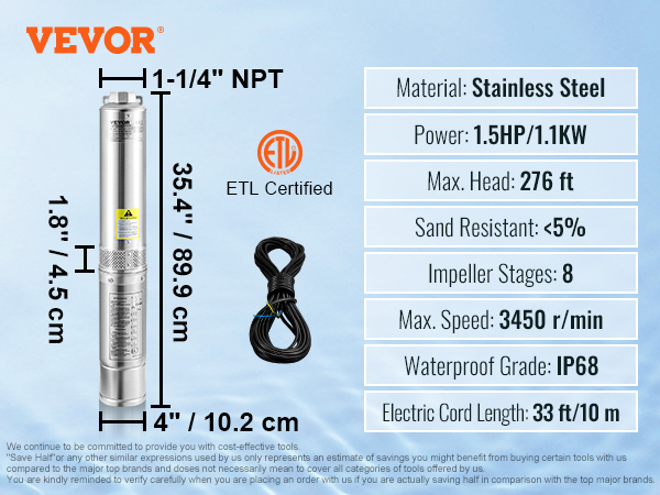 Deep well submersible pump,37GPM flow,276 ft head