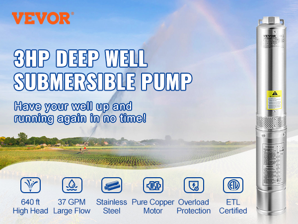 VEVOR Deep Well Submersible Pump Stainless Steel Water Pump 3HP 230V 37GPM  640ft VEVOR CA