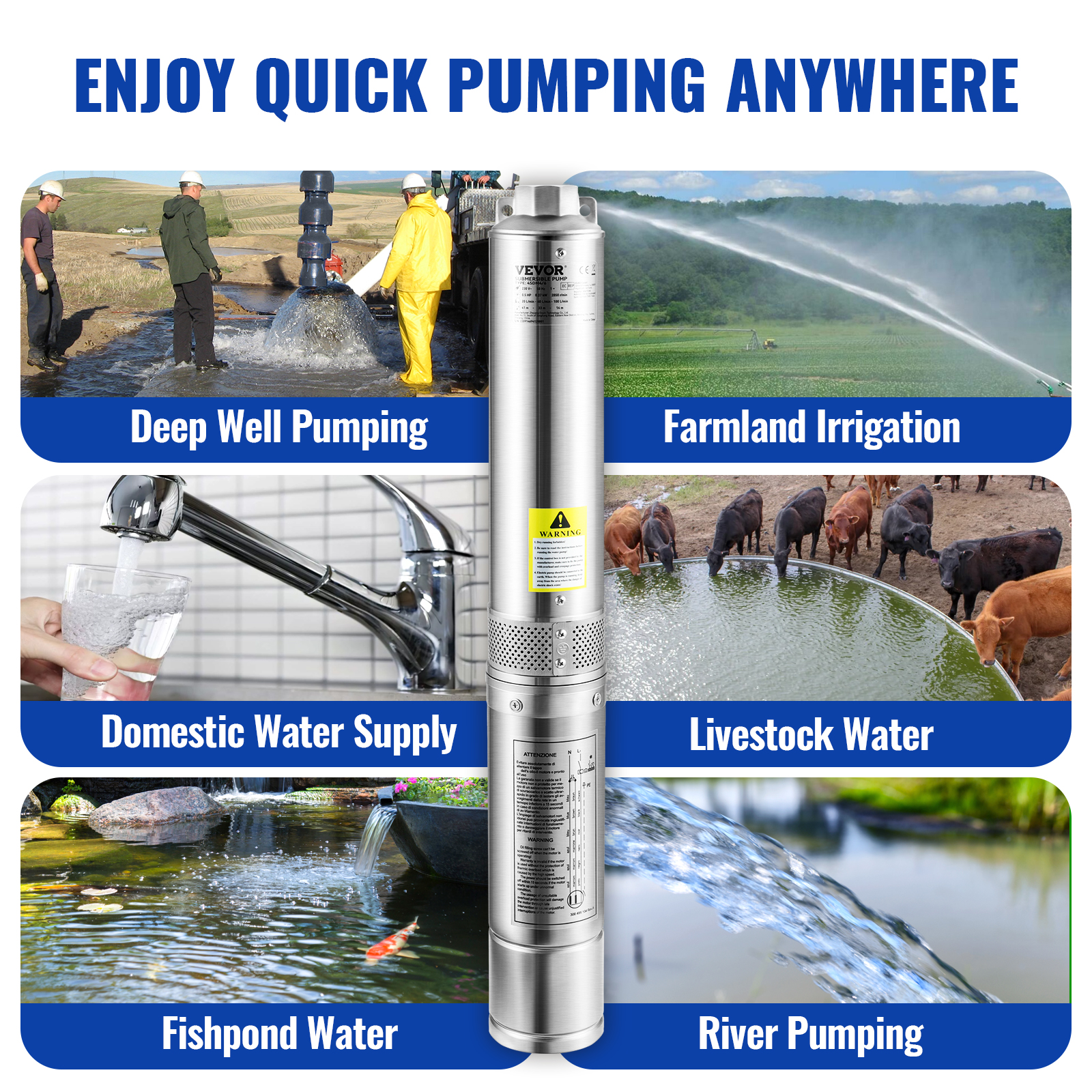 VEVOR Deep Well Submersible Pump, 3HP/2200W 230V/60Hz, 37GPM Flow 640 ft  Head, with 33