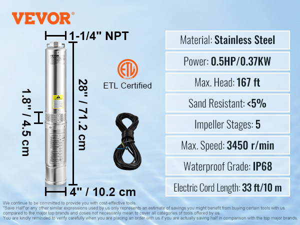 Deep well submersible pump,28GPM flow,167 ft head