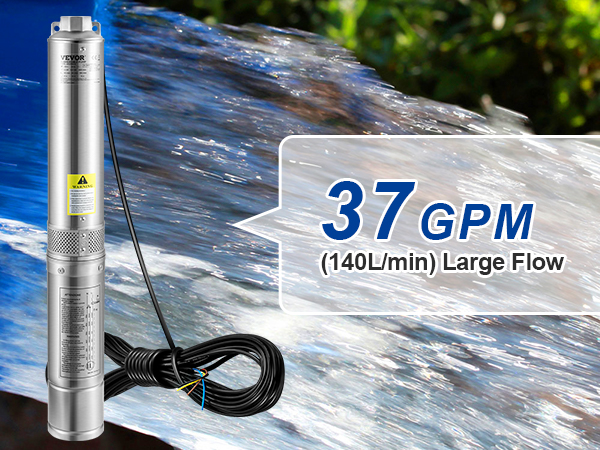 VEVOR Deep Well Submersible Pump, 3HP 2200W 230V 60Hz, 37GPM Flow 640 ft Head, with 33 ft Electric Cord, inch Stainless Steel Water Pumps for Indust - 3