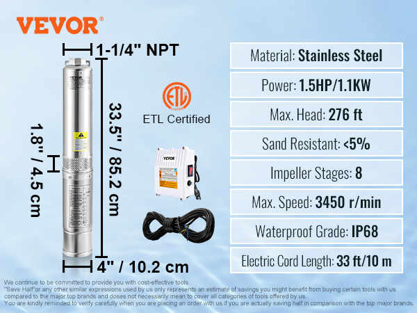 VEVOR 1-1/2HP 4” Deep Well Pump 276ft Submersible Pump 37GPM w/Control Box  115V 840281544721 eBay