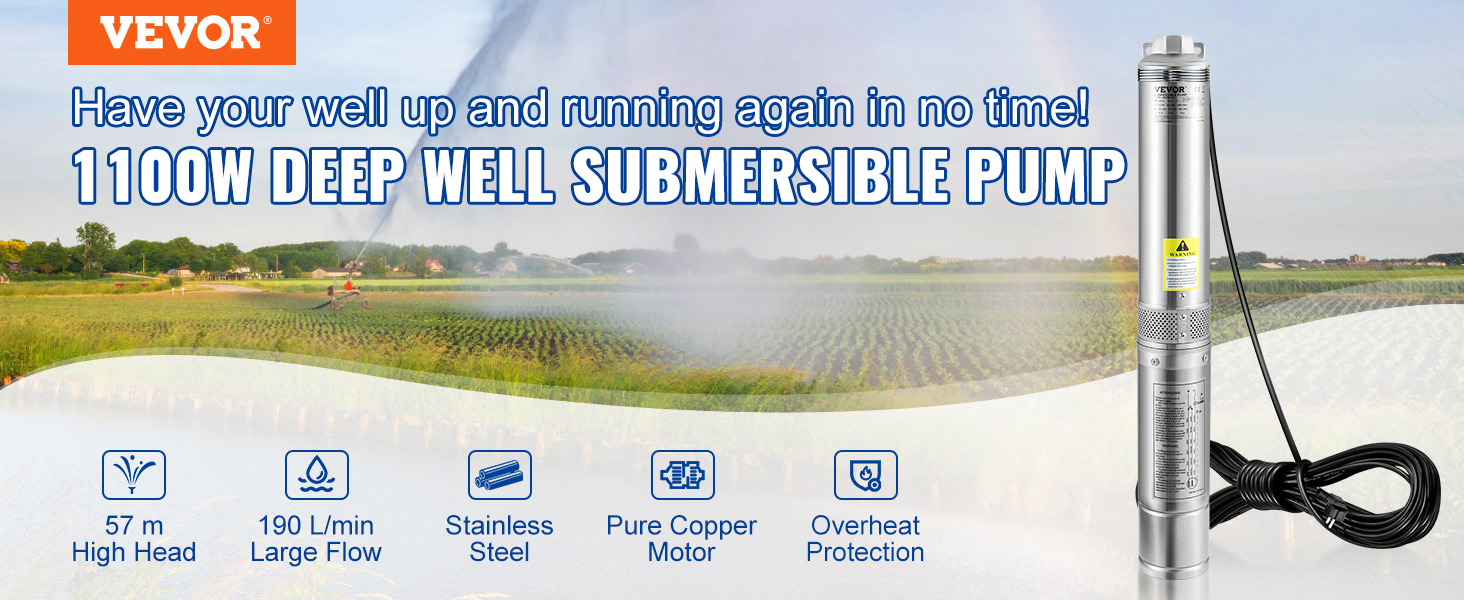 thumbnail image 2 of IBO 4" Submersible Deep Well Pump - 1100W, 107m Head, 3000 L/h, Stainless Steel 2 of 5