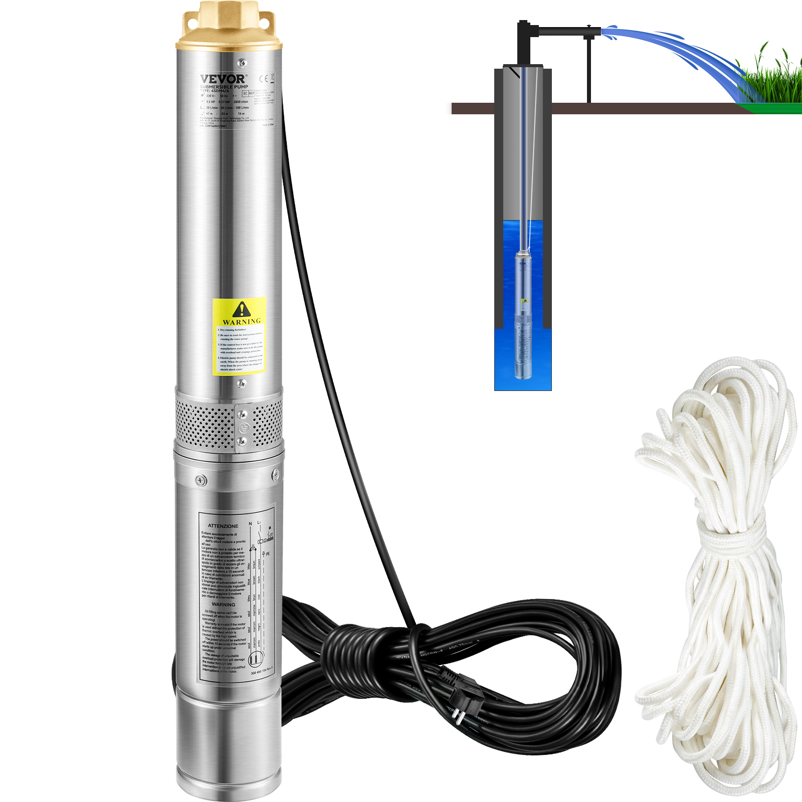 Pompe submersible pour puits profond, débit 50 L/min, tête 89 m