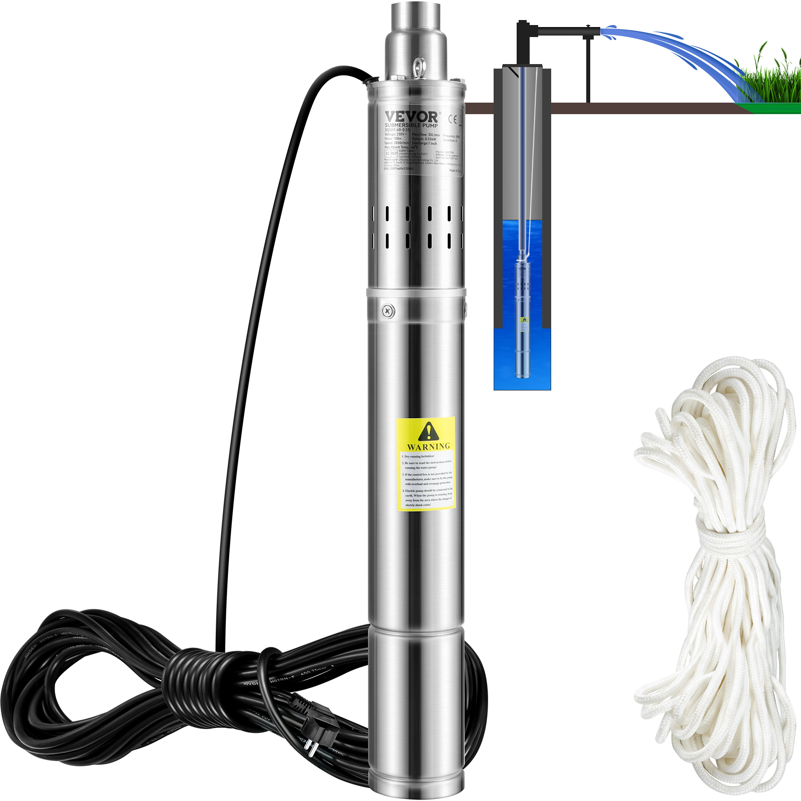 Pompe submersible pour puits profond, débit 50 L/min, tête 89 m