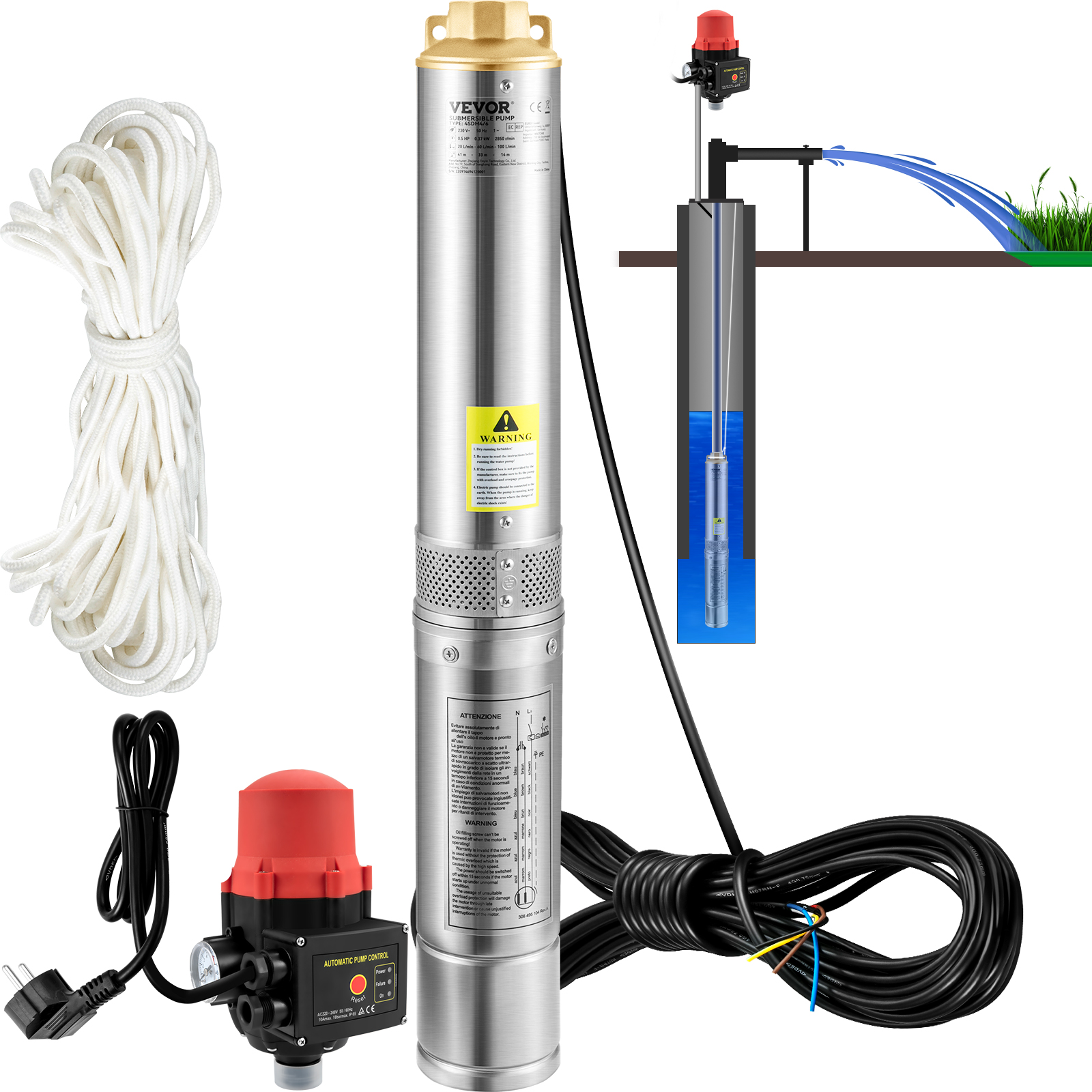 Pompe submersible pour puits profond, débit 50 L/min, tête 89 m