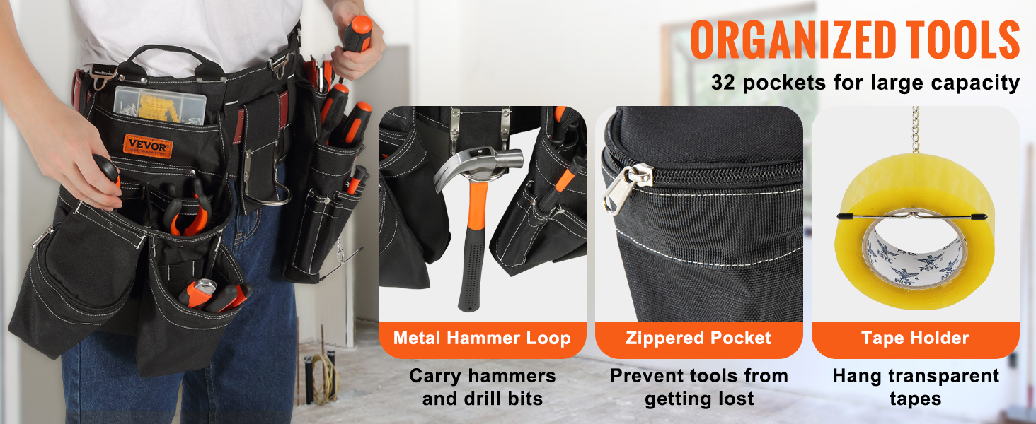 Cinturón de herramientas de cuero genuino 3450 negro, con 10 bolsas  deslizantes y 3 soportes para martillos | Construido resistente para  trabajos de