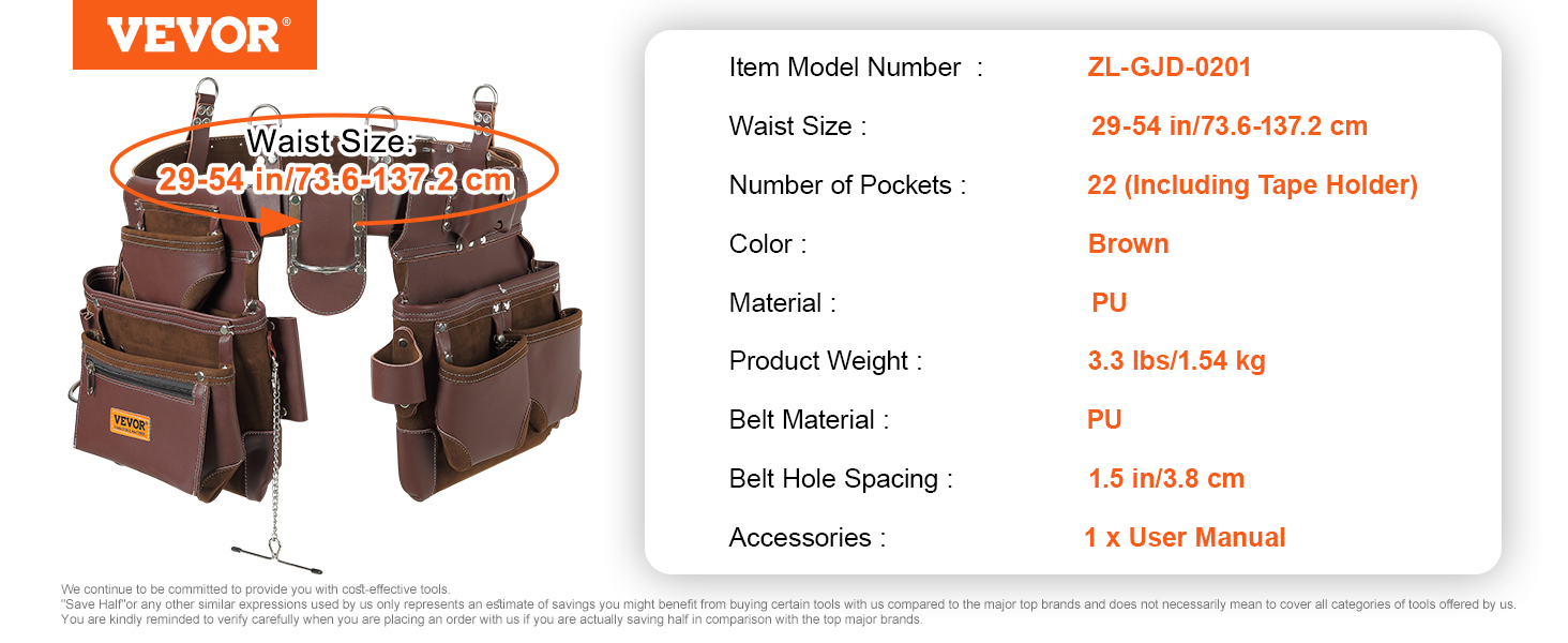 Tool belt,22 pockets,29-54 inches