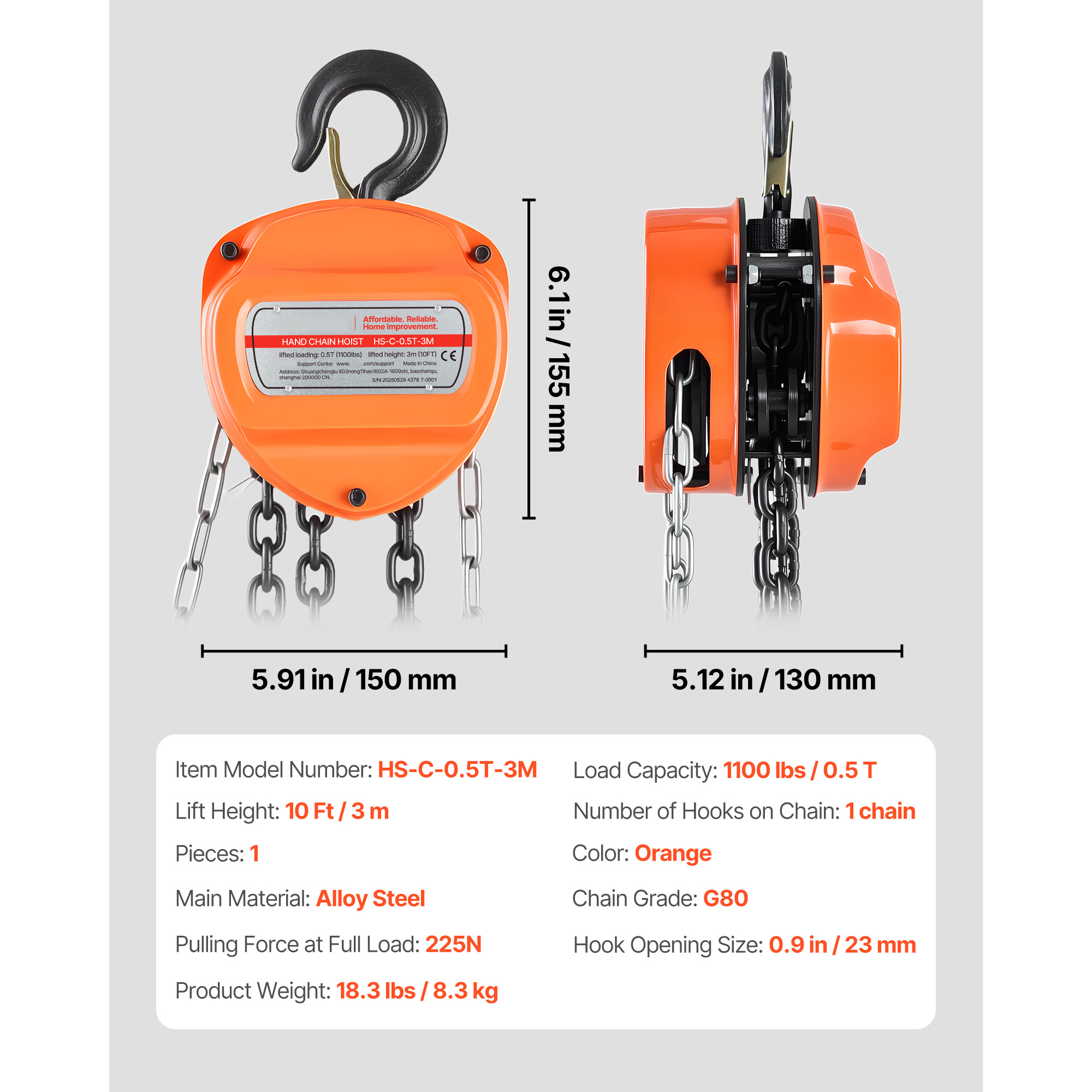 Uimoso Manual Chain Hoist 1100-6600lbs Load w/10/20ft G80 Chain 1T/2T/3T - Produktbild 6