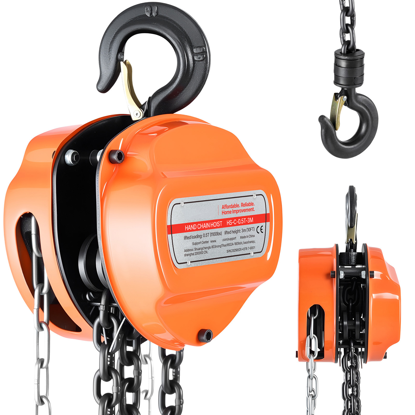 Uimoso Manual Chain Hoist 1100-6600lbs Load w/10/20ft G80 Chain 1T/2T/3T