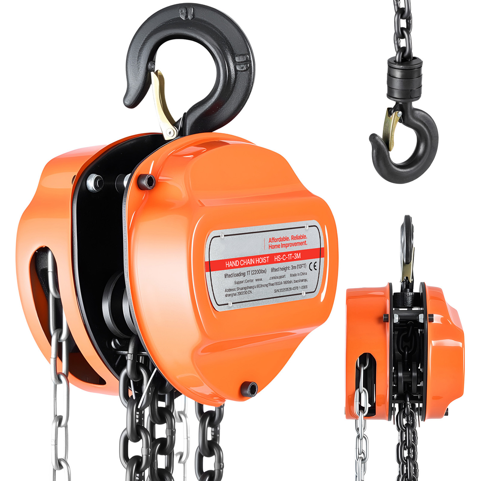 Uimoso Manual Chain Hoist 1100-6600lbs Load w/10/20ft G80 Chain 1T/2T/3T