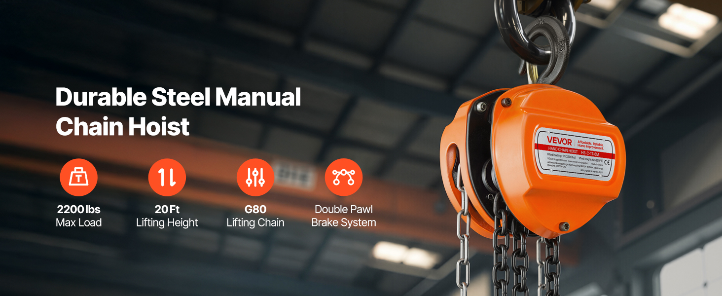 VEVOR Handtakel 1 Ton Met 6m Ketting - Hefwerktuig G80 Voor Garage En Magazijn