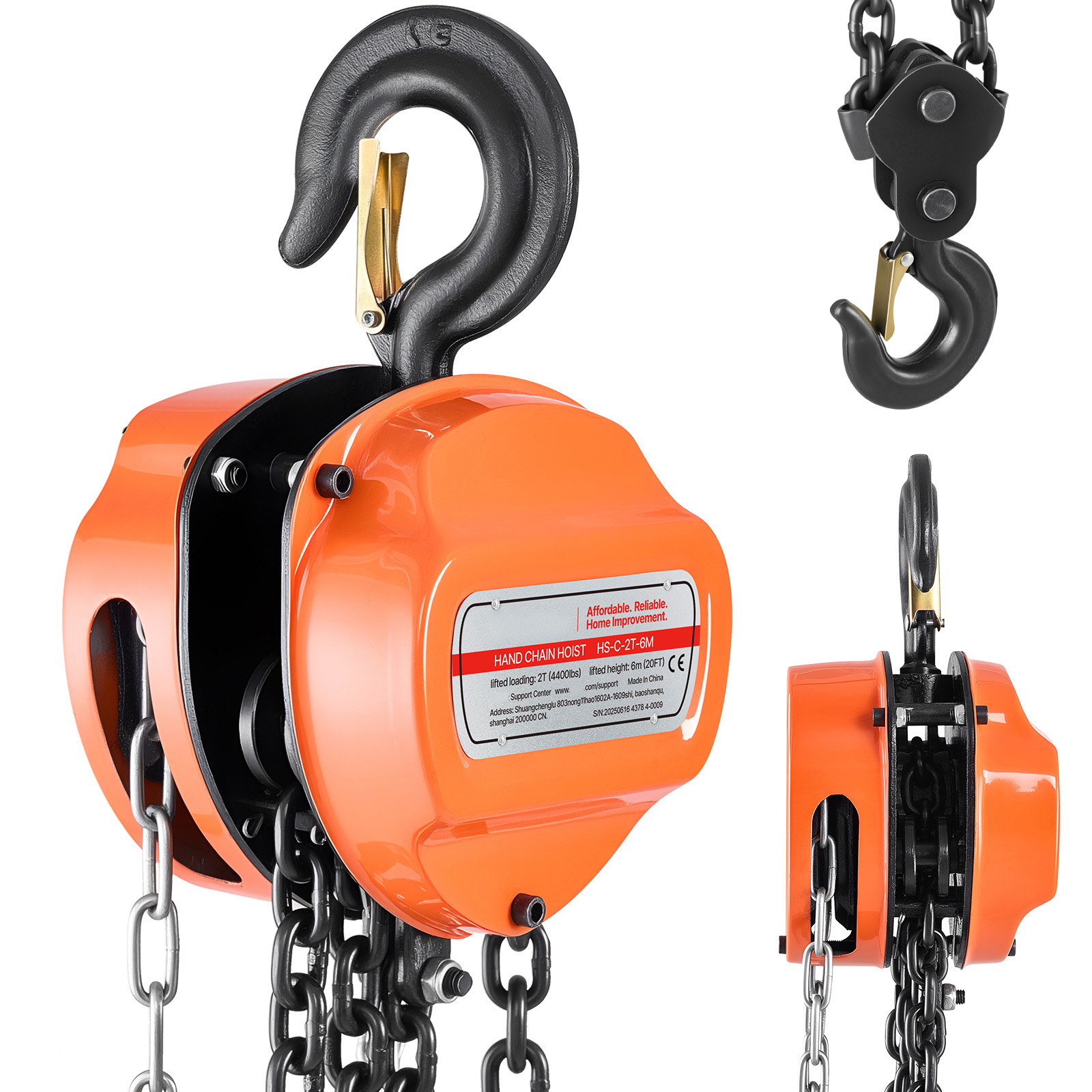Uimoso Manual Chain Hoist 1100-6600lbs Load w/10/20ft G80 Chain 1T/2T/3T