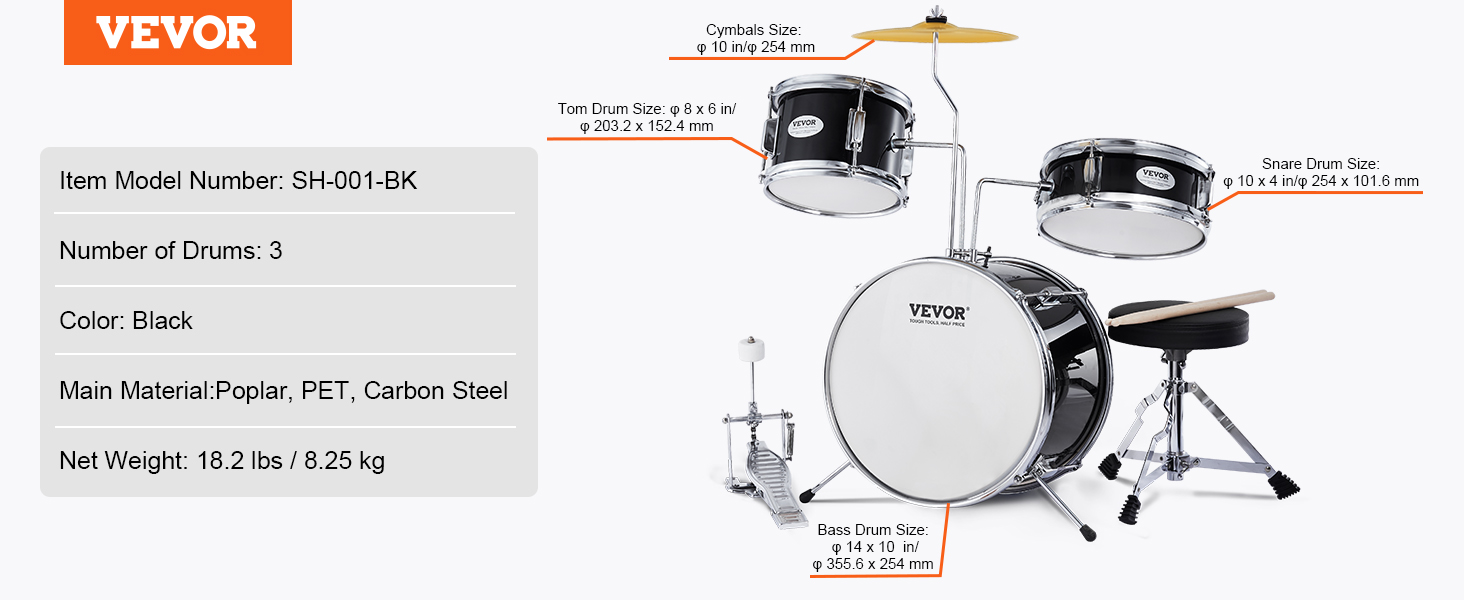 Set Drum Kanak-Kanak VEVOR, 3 Keping, 14 inciSet Drum Kanak-Kanak VEVOR, 3 Keping, 14 inci  