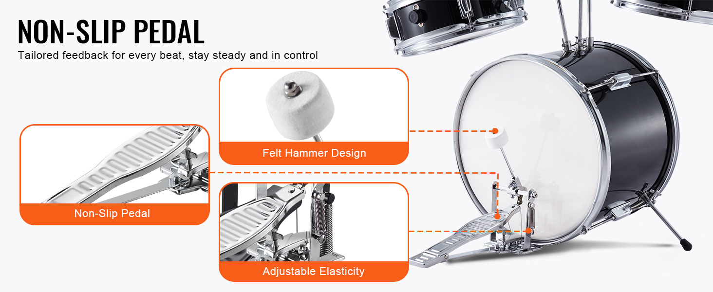 VEVOR Kinderdrumset, 3-delig, 14 Beginner Drumset met Verstelbare Troon Cimbal Pedaal Twee Paar Drumsticks, 8 Tom Drum 10 Snare Drum 14 Bass Drum, Starter Drum Kit voor Kind Kinderen, Zwart