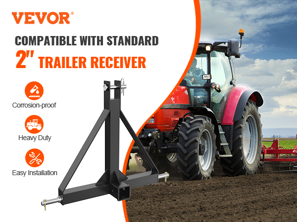 3 Point Hitch Receiver for Category 1 Tractors, 2 Trailer Hitch Attachment  with 3000lbs Towing Capacity for Compact Sub-Compact Tractors BX Kubota