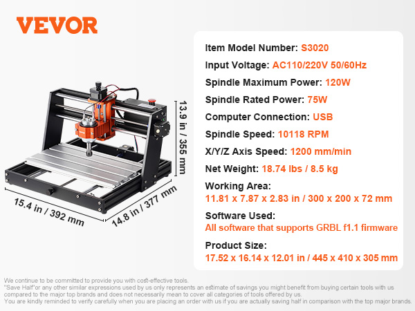 VEVOR CNC Router Machine, 60W, 3 Axis GRBL Control Wood Engraving Carving Milling Machine Kit, 300 x 200 x 60 mm/11.8 x 7.87 x 2.36 in Working Area 1200 RPM for Wood Acrylic MDF PVC Plastic Foam Vinyl