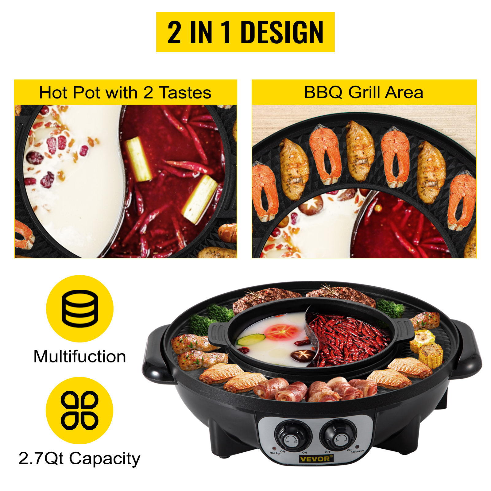 2 in 1 Multifunctional Electric Hot Pot and Grill Combo 1800W Smokeless BBQ  Pot