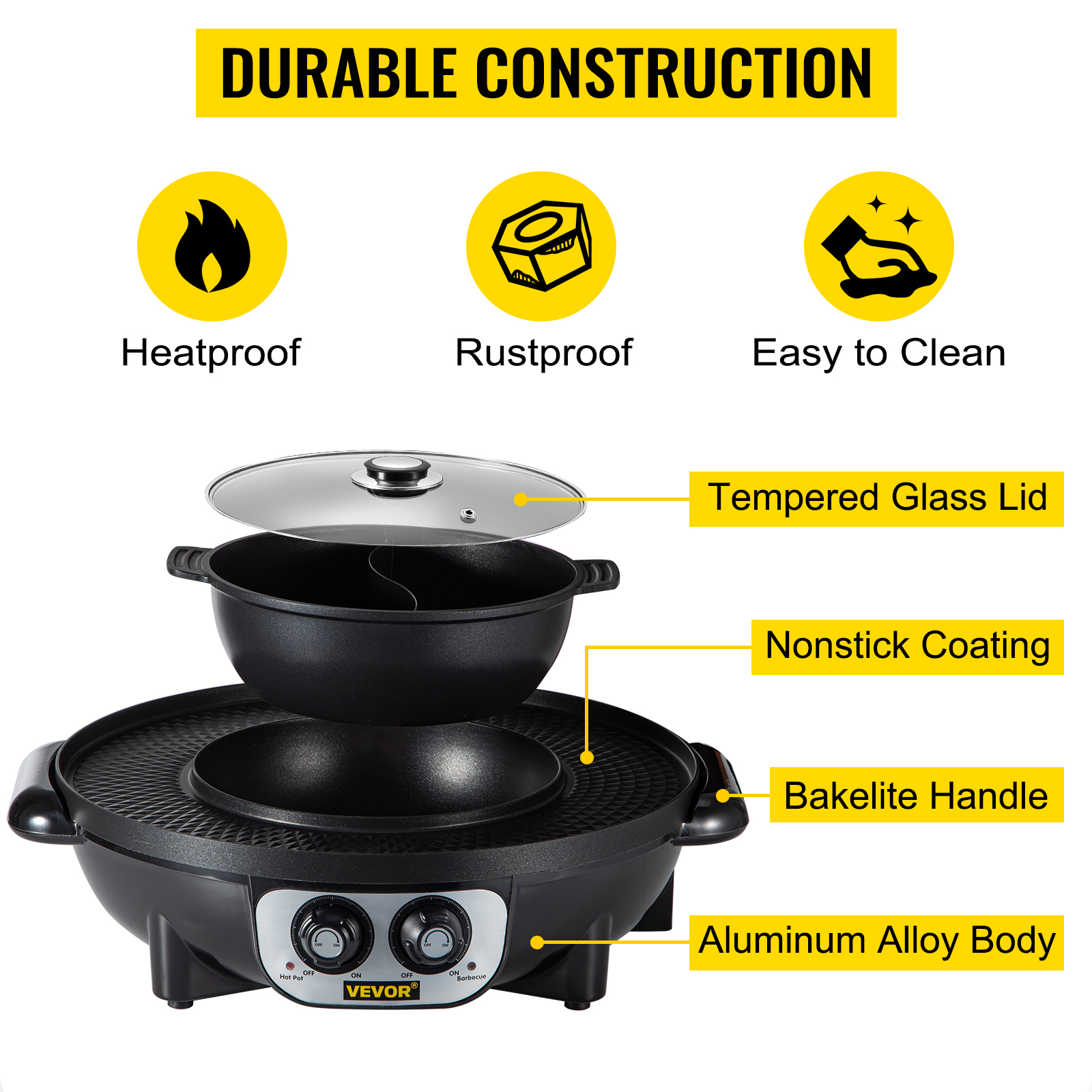 Title 8, VEVOR 2 in 1 Electric Hot Pot BBQ Grill 2200W M...