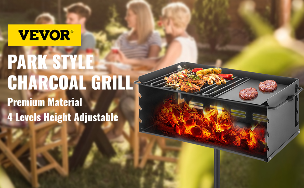 VEVOR Outdoor Park Style Grill 24 x 16 Inch Park Style Charcoal Grill  Carbon Steel Park Style BBQ Grill Height 50-in Adjustable Charcoal Grill  with