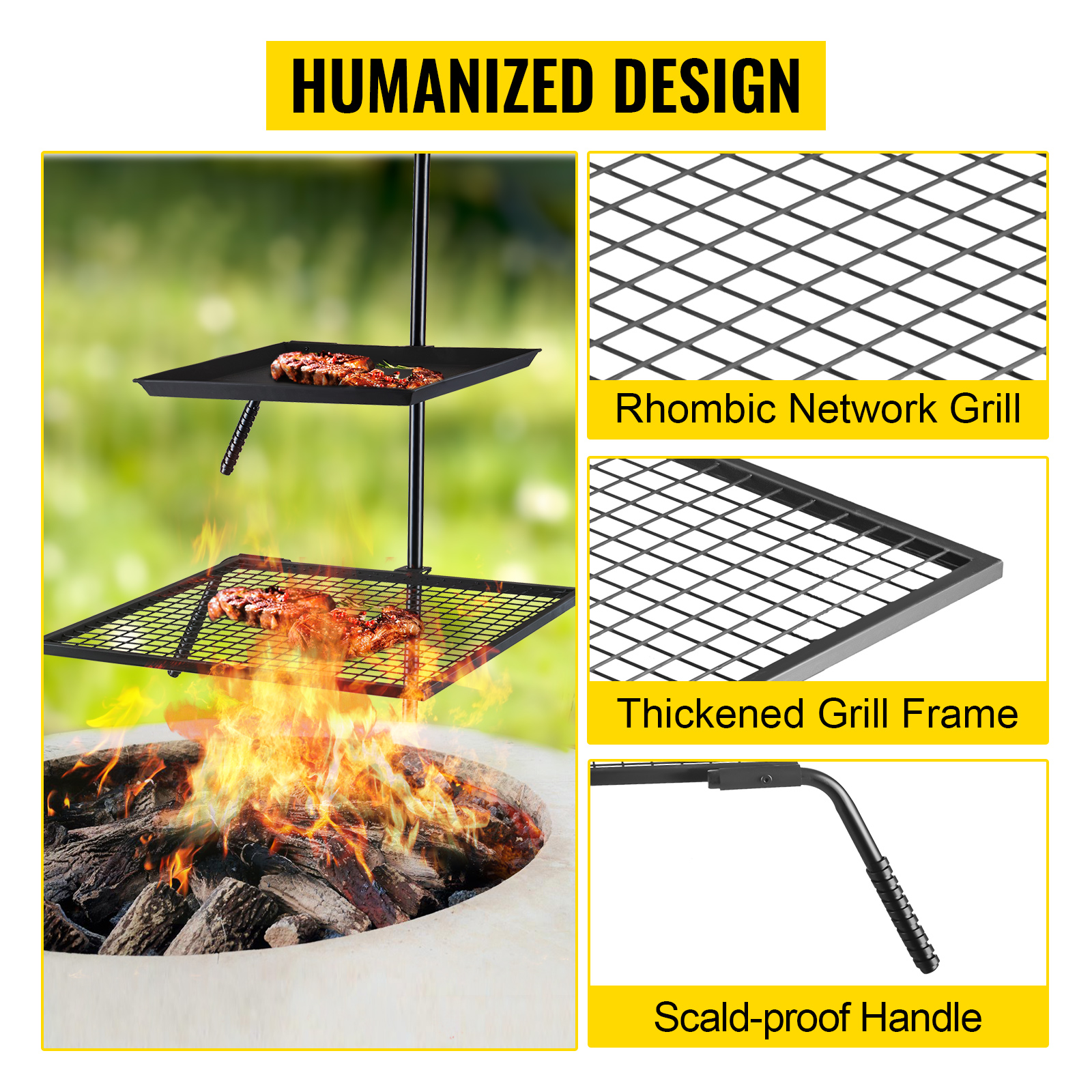 Heavy Duty Swivel Campfire Cooking Grill Grate Over Fire-Pit BBQ