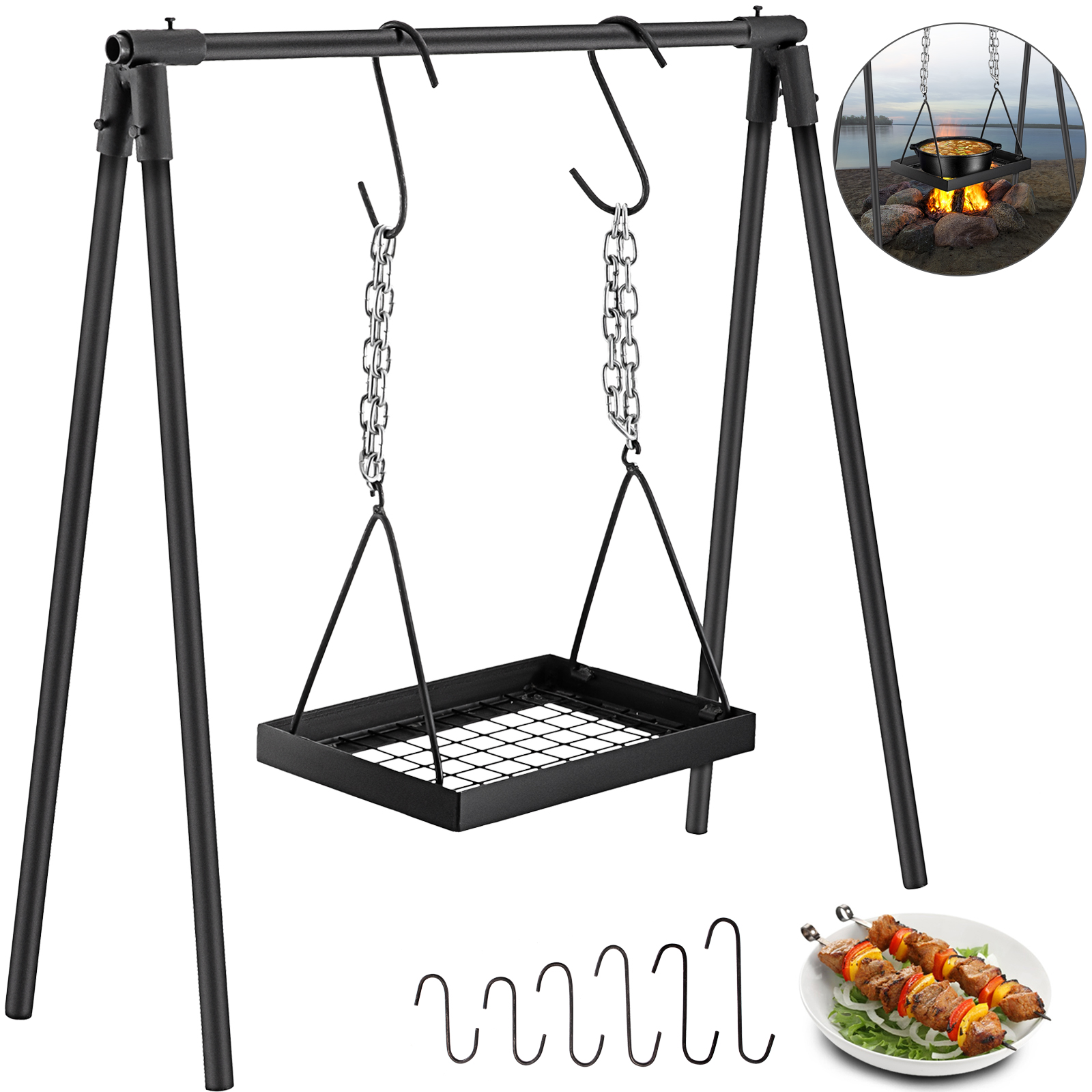 Outdoor Campfire Cooking Equipment Camping Hook Set Heavy-Duty Iron w/ Carry Bag 
