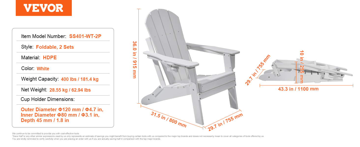 Adirondack Chair,Set of 2,White