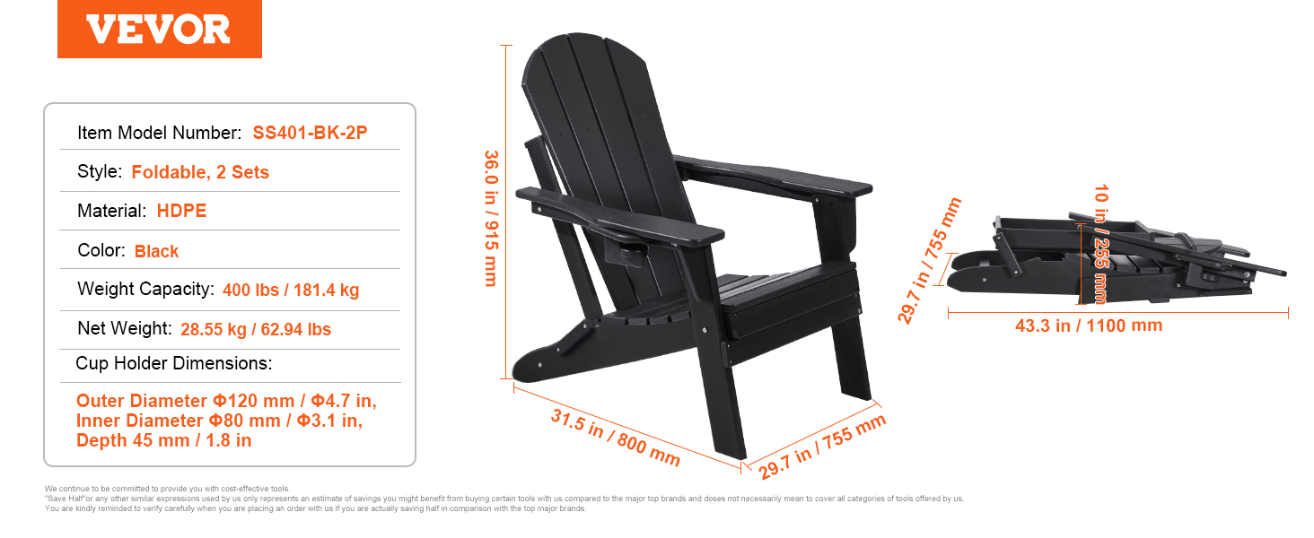 Silla Adirondack,Juego de 2,Negra