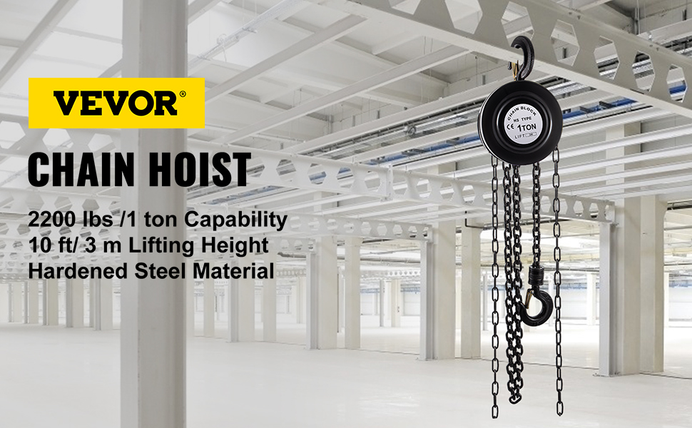 VEVOR handkettingtakel met een capaciteit van 2200 lbs in een industriële omgeving.