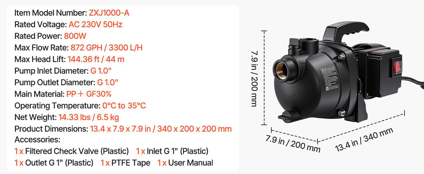 Gartenpumpe 800W 3300l/h 44m Förderhöhe Bewässerungspumpe Garten Shallow Well Pump A100 1.11w