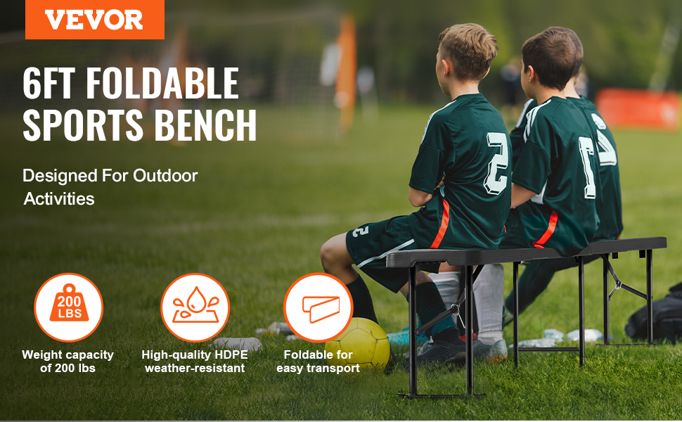 VEVOR folding bench: 6ft foldable sports bench in use at an outdoor soccer game, featuring durable hdpe.