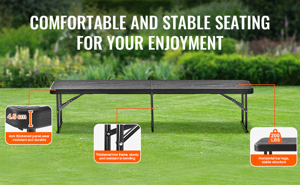 VEVOR folding bench with thick panel, iron frame, supports 200 lbs, and horizontal bar legs on grass.