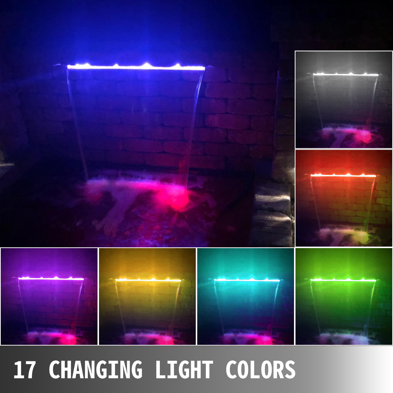 VEVOR Fountain Spillway 35x3.2x8.1 Inch, Pool Waterfall Fountain 17 Colors Led, Pool Water Fall Kit with Remote, Pool Spillway Solid Acrylic Pool Waterfall for Garden Pond, Swimming Pool, Square