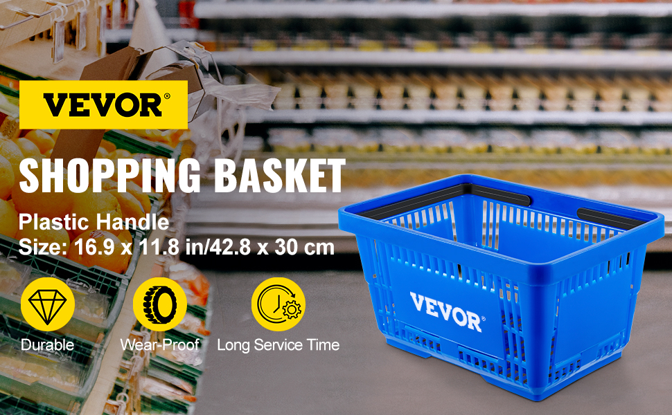 VEVOR Shopping Basket, 16.9 x 11.8 x 8.7 in/42.8 x 30 x 22 cm(L x W x H), Plastic Handle and Iron Stand, Set of 12 Store Baskets with Durable PE Material Used for Supermarket, Retail, Bookstore, Blue