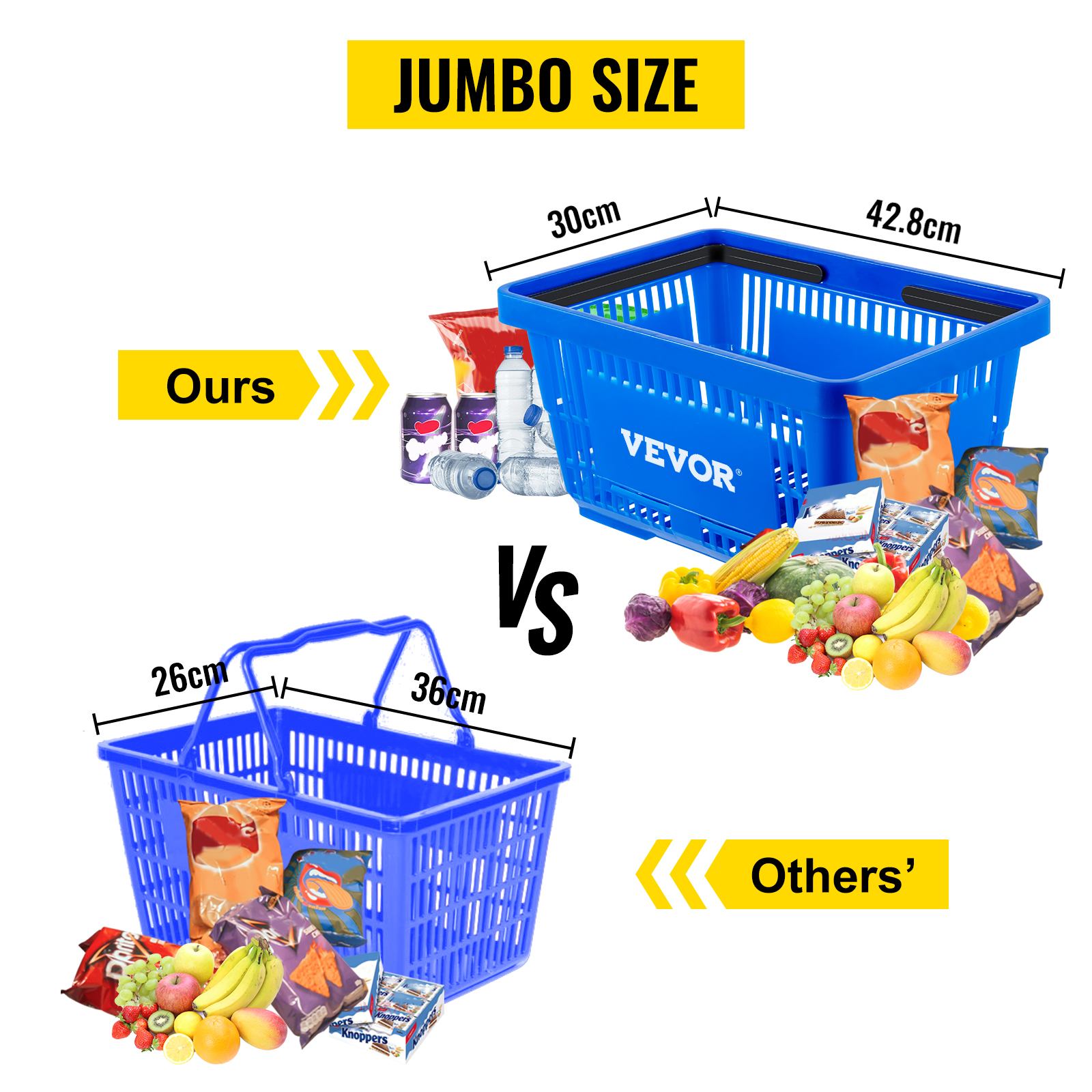 VEVOR Shopping Basket, 16.9 x 11.8 x 8.7 in/42.8 x 30 x 22 cm(L x W x H), Plastic Handle and Iron Stand, Set of 12 Store Baskets with Durable PE Material Used for Supermarket, Retail, Bookstore, Blue