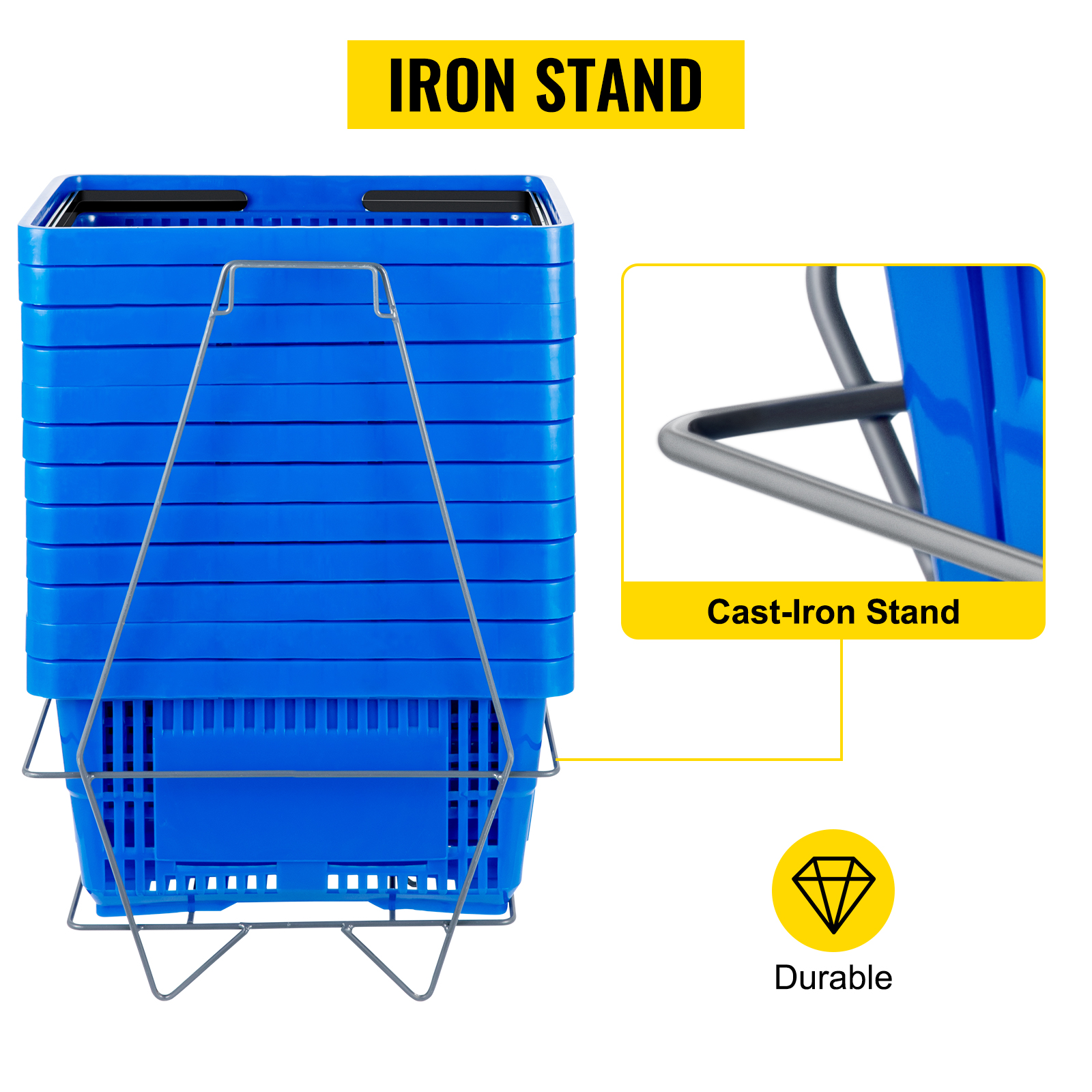 VEVOR Shopping Basket, 16.9 x 11.8 x 8.7 in/42.8 x 30 x 22 cm(L x W x H), Plastic Handle and Iron Stand, Set of 12 Store Baskets with Durable PE Material Used for Supermarket, Retail, Bookstore, Blue