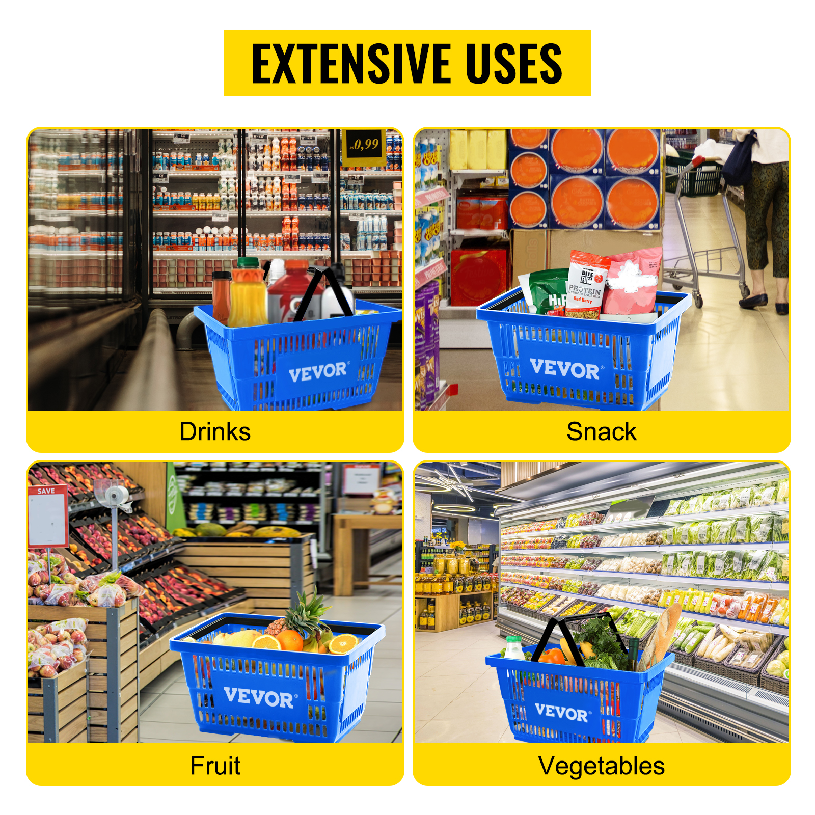 VEVOR Shopping Basket, 16.9 x 11.8 x 8.7 in/42.8 x 30 x 22 cm(L x W x H), Plastic Handle and Iron Stand, Set of 12 Store Baskets with Durable PE Material Used for Supermarket, Retail, Bookstore, Blue