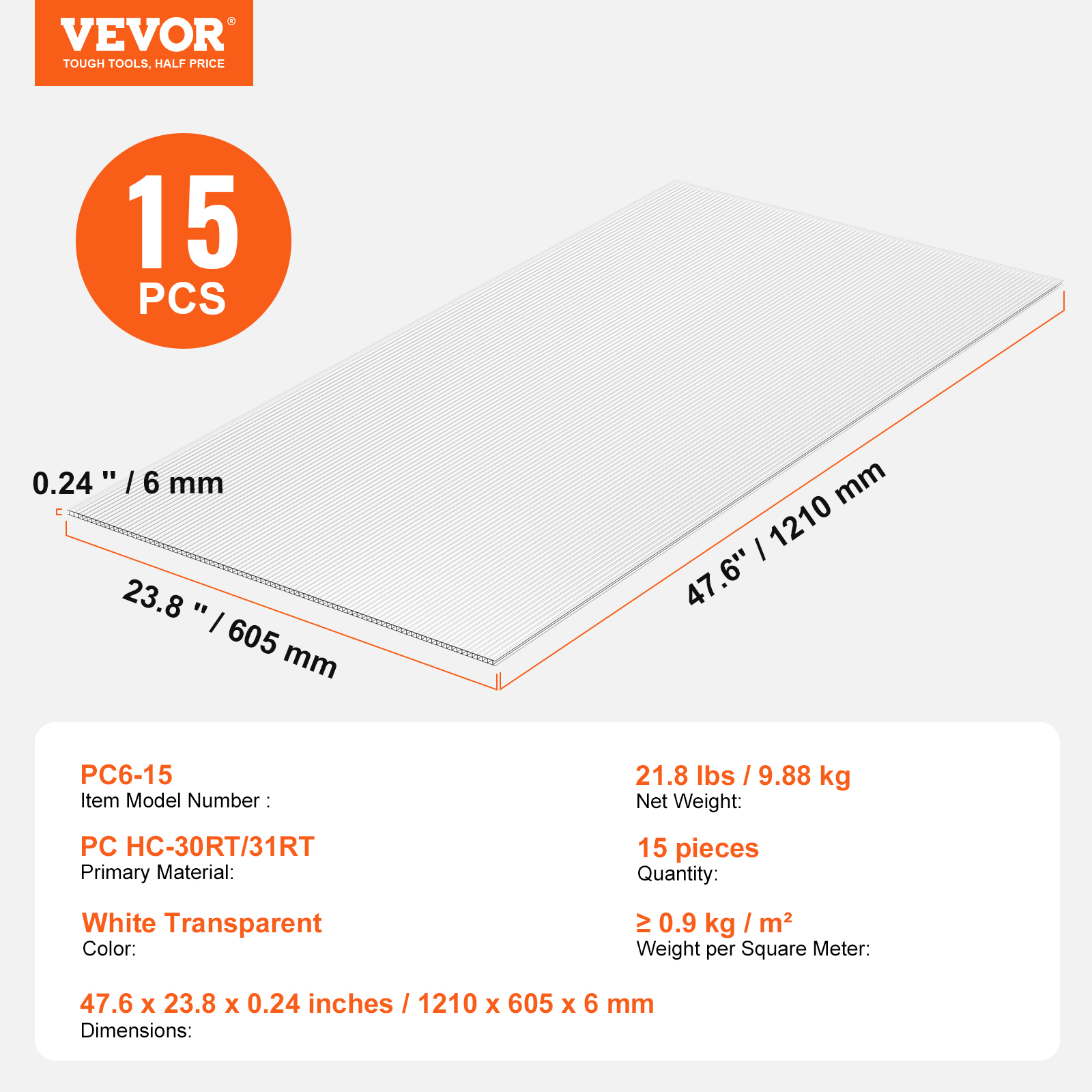 15 Pack Polycarbonate Greenhouse Panels 2' X 4' X 6mm UV Protected Roof Sheets