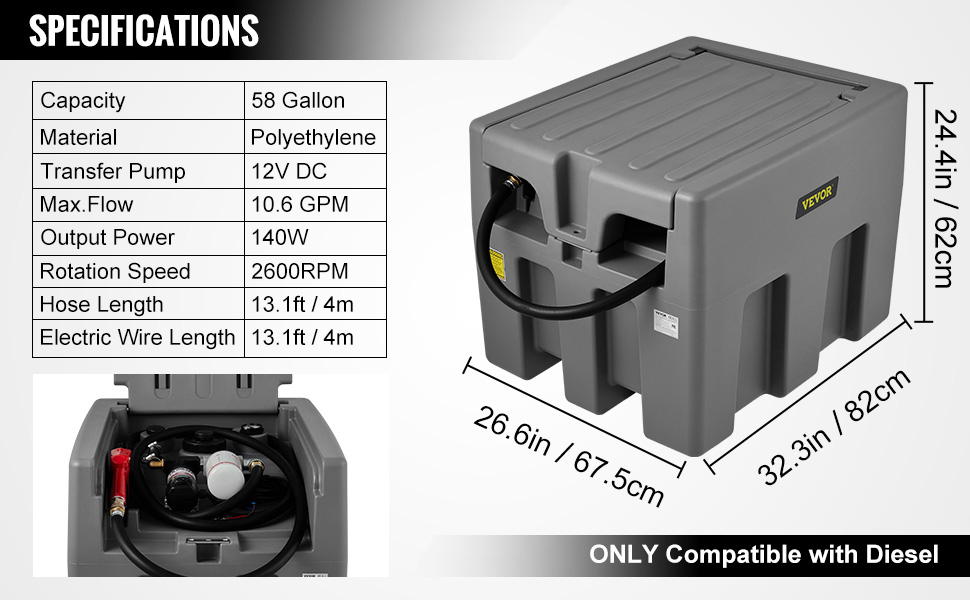 VEVOR New Portable Diesel Tank, 58 Gallon Capacity & 10 GPM Flow Rate, Diesel Fuel Tank With 12V Electric Transfer Pump And 13.1ft Rubber Hose, PE Diesel Transfer Tank For Easy