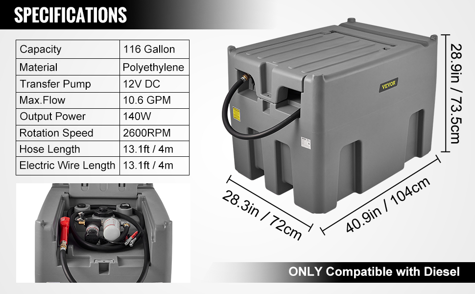 Portable Diesel Tank, 58 Gallon Capacity, Diesel Fuel Tank with 12V  Electric Transfer Pump, Polyethylene Diesel Transfer Tank for Easy Fuel