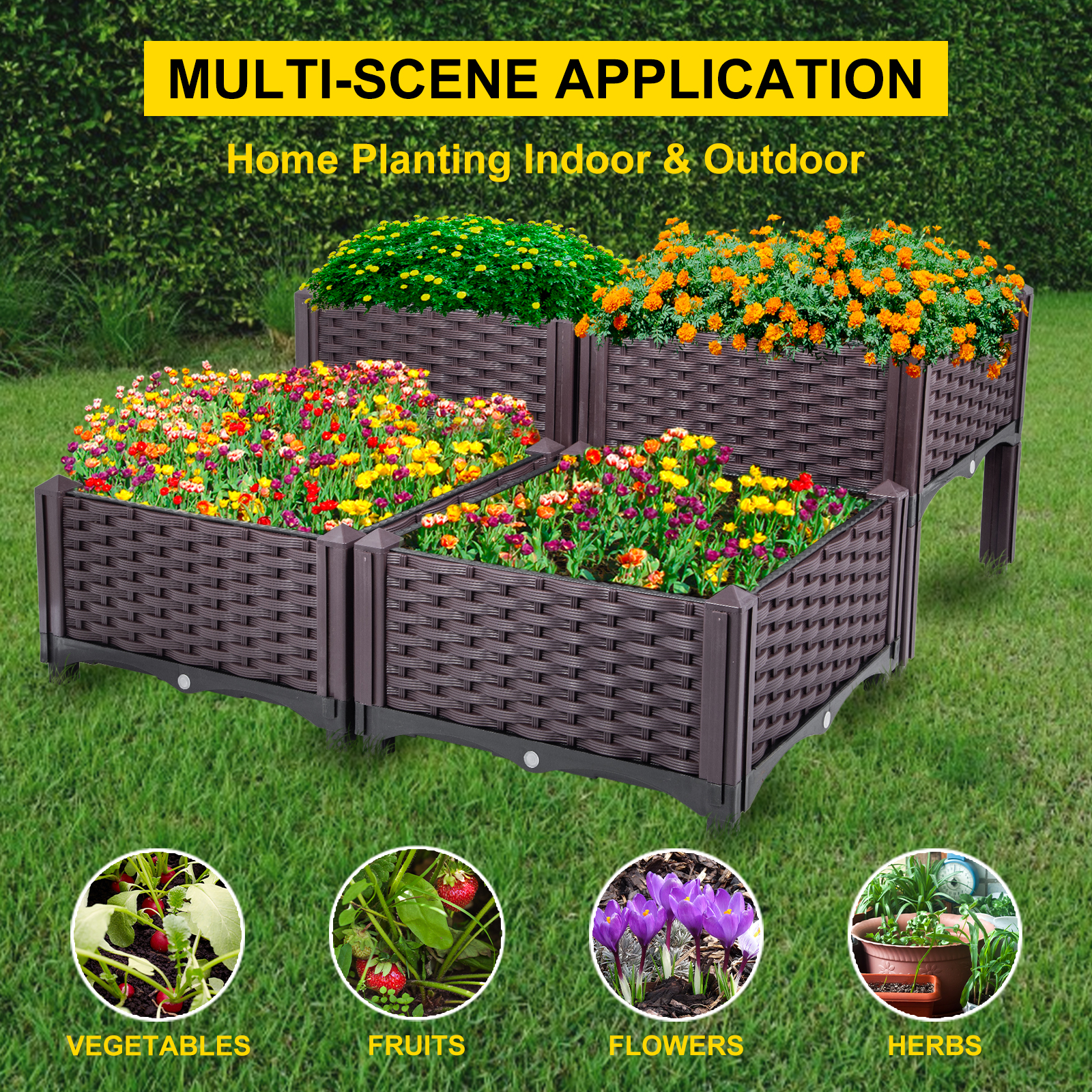 VEVOR Plastic Raised Garden Bed, 15.7H Flower Box Kit, Brown Rattan ...