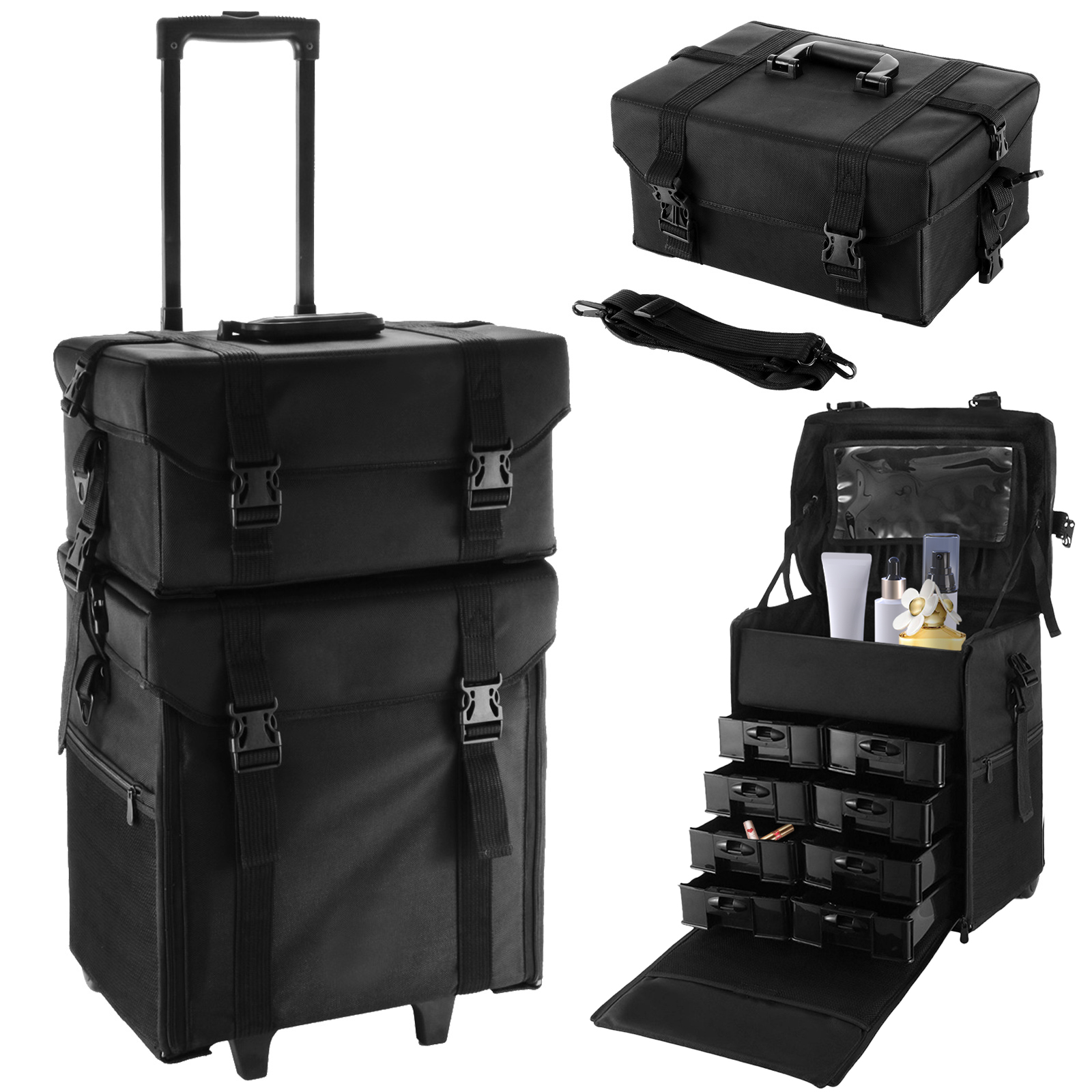 VEVOR 2 in 1 Nylon Rolling Makeup Case with Wheels Travel Cosmetic Cases Detachable Professional Rolling Trolley Makeup Travel Case Oxford Vanity Portable Makeup Artist Organizer Box | US
