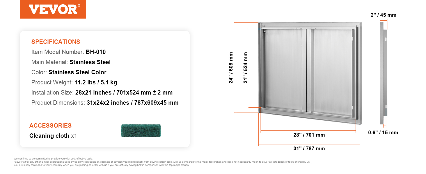 VEVOR bbq access door, stainless steel, dimensions: 31x24x2 inches, includes cleaning cloth. model bh-010.