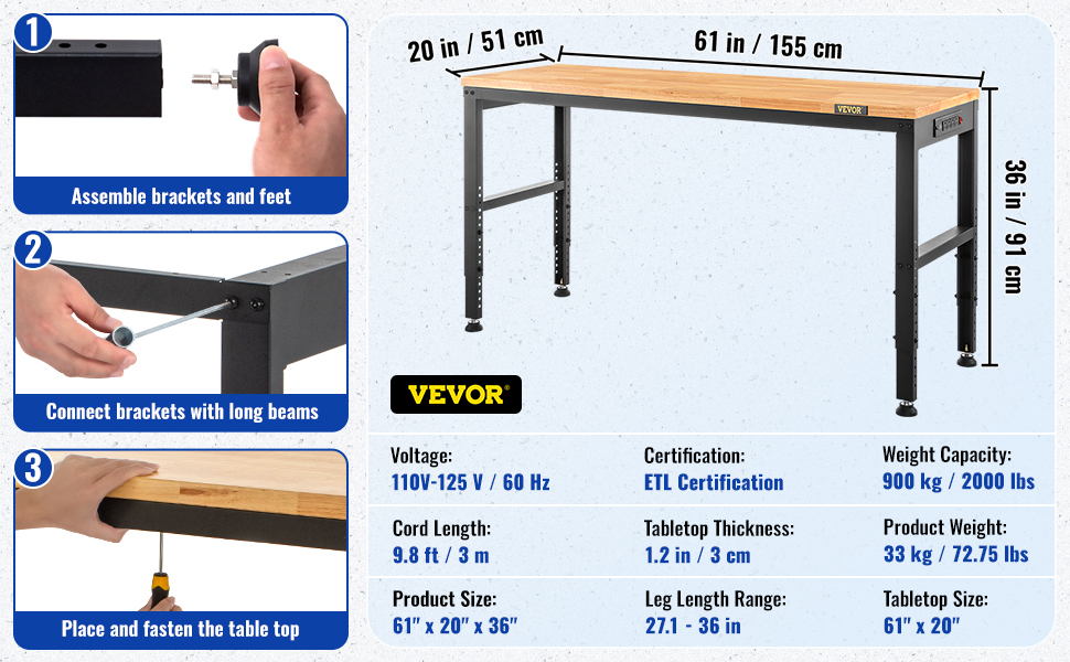 Solid Wood Top,Steel Frame,Adjustable Height