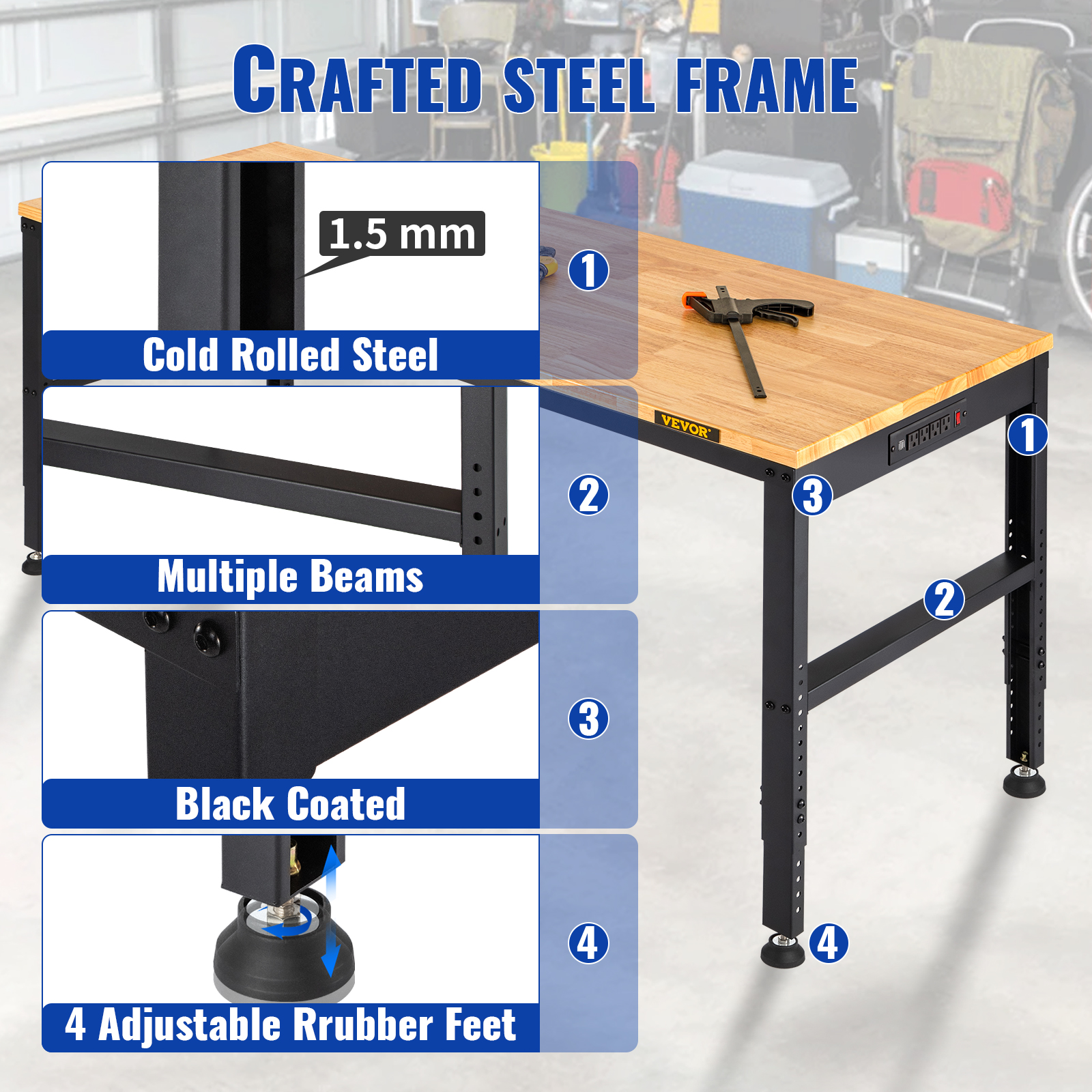 VEVOR Adjustable Height Workbench 72"L X 25"W Work Bench Table W/ Power ...